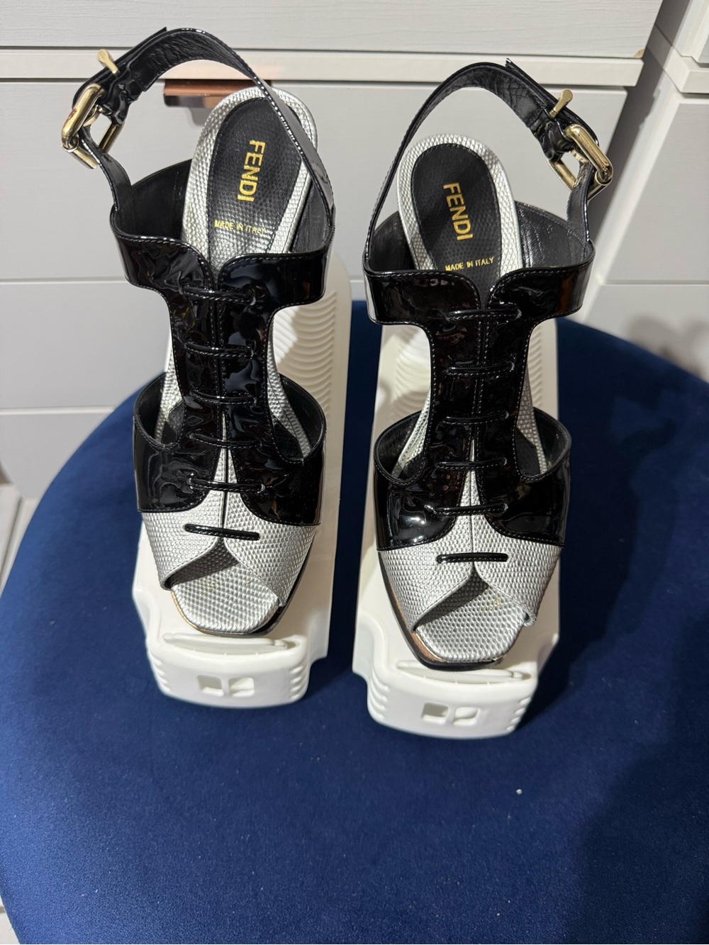 Fendi Black Patent and Silver and Gold  Platform Sandals 7.5